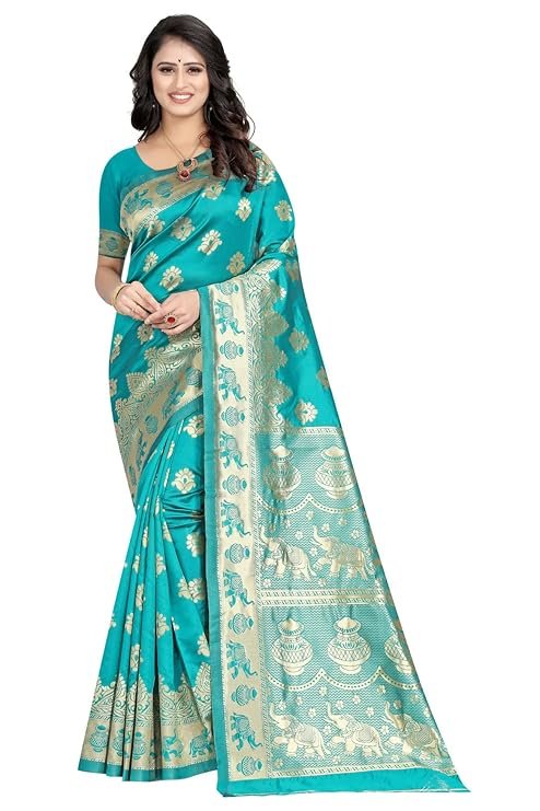 71ijWXSADuL._SY741_ Women's Pure Soft Kanjivaram Silk Saree Banarasi Design Style With Blouse Piece for Wedding