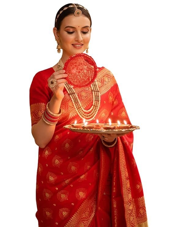 RED Women's Paithani Silk Blend Woven Saree With Blouse Piece |Wedding Saree