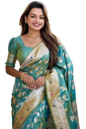 Women's Kanjivaram Pure Soft Silk Handloom Saree Pure Golden Zari With Blouse Piece
